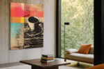 Silkscreen coffee cup over pop art color-block collage in coral red, sky blue and amber, bold mixed-media canvas