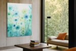 Translucent watercolor flowers on teal stems with paint splatters, pastel botanical wall art for bedroom or living room