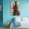 Female silhouette in flowing hanfu against Chinese script and crimson ink, dramatic mixed-media portrait wall art