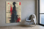 Female silhouette in flowing hanfu against Chinese script and crimson ink, dramatic mixed-media portrait wall art
