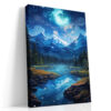 Starry night mountain river with glowing cyan celestial swirl, deep cobalt blue sky, digital art canvas for living room
