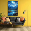 Starry night mountain river with glowing cyan celestial swirl, deep cobalt blue sky, digital art canvas for living room