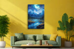 Starry night mountain river with glowing cyan celestial swirl, deep cobalt blue sky, digital art canvas for living room