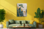 Embroidered pine tree on teal cliff with cascading waterfall in gold and ivory, japandi wall art canvas for bedroom