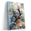Face-painted figure with white orchid and peach rose headdress in powder blue tones, romantic bohemian portrait canvas