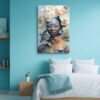 Face-painted figure with white orchid and peach rose headdress in powder blue tones, romantic bohemian portrait canvas