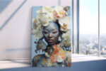Face-painted figure with white orchid and peach rose headdress in powder blue tones, romantic bohemian portrait canvas