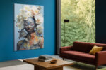 Face-painted figure with white orchid and peach rose headdress in powder blue tones, romantic bohemian portrait canvas
