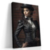 Woman in black corset jacket and top hat against brick wall, dramatic Victorian portrait canvas for industrial living room