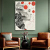Human face profile with mountain landscape, red geometric spheres and node diagram, mixed-media abstract canvas art