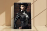 Woman in black corset jacket and top hat against brick wall, dramatic Victorian portrait canvas for industrial living room