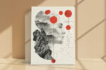 Human face profile with mountain landscape, red geometric spheres and node diagram, mixed-media abstract canvas art