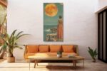 Woman in patterned amber skirt facing full moon over coastal ruins, warm teal and golden wall art canvas for living room