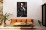 Woman in black corset jacket and top hat against brick wall, dramatic Victorian portrait canvas for industrial living room