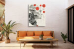 Human face profile with mountain landscape, red geometric spheres and node diagram, mixed-media abstract canvas art