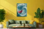 White East Asian dragon coiling in a circle over teal water with red-dressed figure, bold fantasy digital art canvas print