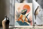 Bearded dragon lizard on teal rock with circular sun and palm leaves, warm-tones bohemian illustration canvas for living room