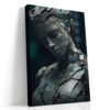 Cracked humanoid bust sculpture in cool slate grey and teal-black, moody digital art canvas for living room or hallway