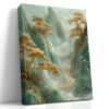Jade green cliffs with gold pine trees and winding river, East Asian landscape digital art canvas for living room