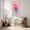 Geometric faceted bird on branch with paint splashes in blush pink and magenta, digital art canvas for bedroom