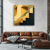 Geometric staircase in golden yellow and deep teal, bold architectural digital art canvas for contemporary living room