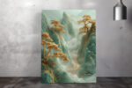 Jade green cliffs with gold pine trees and winding river, East Asian landscape digital art canvas for living room