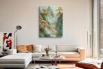Jade green cliffs with gold pine trees and winding river, East Asian landscape digital art canvas for living room