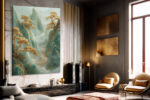 Jade green cliffs with gold pine trees and winding river, East Asian landscape digital art canvas for living room
