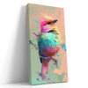 Small bird with fractured polygonal plumage in magenta, teal and peach, abstract digital art canvas for living room