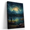 Lone figure on rocky lakeshore gazing at moonlit snow-capped mountains reflected in still water, night sky canvas wall art