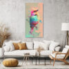 Small bird with fractured polygonal plumage in magenta, teal and peach, abstract digital art canvas for living room