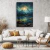 Lone figure on rocky lakeshore gazing at moonlit snow-capped mountains reflected in still water, night sky canvas wall art