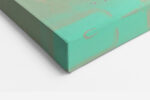 Small bird with fractured polygonal plumage in magenta, teal and peach, abstract digital art canvas for living room