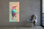 Small bird with fractured polygonal plumage in magenta, teal and peach, abstract digital art canvas for living room