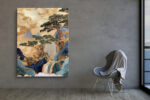 Pine trees and waterfall in golden ochre and forest green, silk embroidery-style landscape portrait wall art canvas