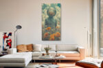 Surreal figure with glass sphere head amid orange blooms and clouds, bohemian portrait canvas for living room or bedroom