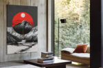 Mountain peak inside vivid red circle with moon and snow valley, bold graphic mixed-media wall art canvas for living room