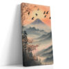 Snow-capped volcanic mountain with autumn foliage and birds in flight, japandi illustration canvas for living room