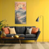 Snow-capped volcanic mountain with autumn foliage and birds in flight, japandi illustration canvas for living room
