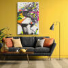 Female figure with neon paint splatter and mechanical headgear, bold pop art mixed-media canvas for a maximalist living room