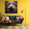 Surreal coffee cup over sculpted miniature town in terracotta and steel blue, bold digital art canvas for dining room