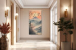 Snow-capped volcanic mountain with autumn foliage and birds in flight, japandi illustration canvas for living room