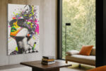 Female figure with neon paint splatter and mechanical headgear, bold pop art mixed-media canvas for a maximalist living room