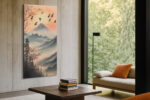 Snow-capped volcanic mountain with autumn foliage and birds in flight, japandi illustration canvas for living room