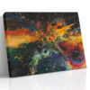 Abstract acrylic fluid art explosion in amber, crimson, and teal on near-black background, bold canvas wall art