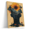 Human face silhouette with mountain landscape and sunflower in warm ochre and teal, bold mixed-media wall art for living room