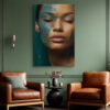 Woman's face with teal paint texture and closed eyes in deep teal and amber, moody portrait canvas for bedroom
