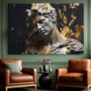 Classical Greco-Roman bust dissolving in gold fragments, dramatic digital art canvas for living room or home office