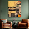 Coffee cup collage with barcode stripes and warm yellow panels, bold mixed-media wall art for industrial home office