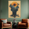 Human face silhouette with mountain landscape and sunflower in warm ochre and teal, bold mixed-media wall art for living room